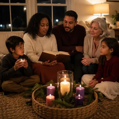 Family Reading Together by Candlelight Evening