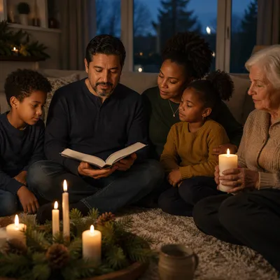 Family Reading Together by Candlelight Evening