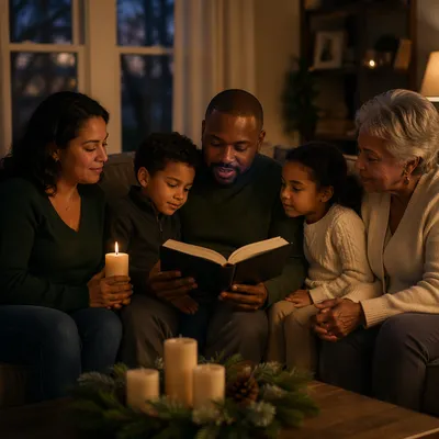 Family Reading by Candlelight on Winter Evening