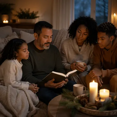 Family Reading by Candlelight in Winter