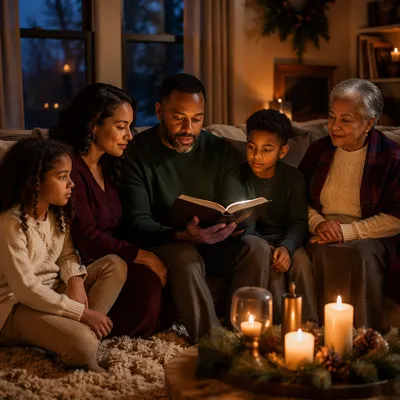 Family Reading by Candlelight at Dusk