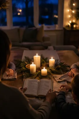 Family Reading by Candlelight at Table