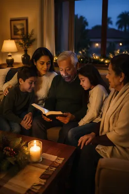 Family Reading by Candlelight on Winter Evening