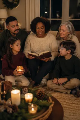Family Reading by Candlelight in Living Room