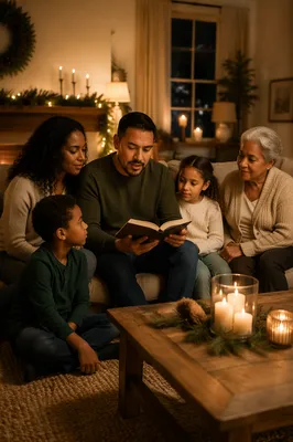 Family Reading by Candlelight in Living Room