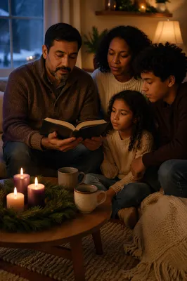 Family Reading by Candlelight on Winter Evening
