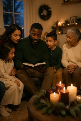 Family Reading by Candlelight at Dusk