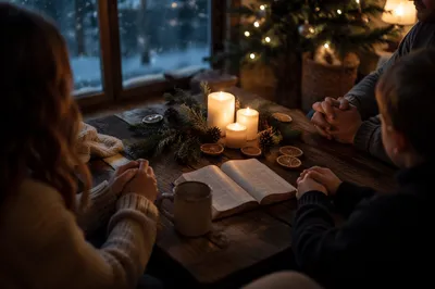 Family Hands Around Candlelit Evening Table