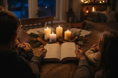 Family Reading by Candlelit Winter Table
