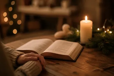 Open Book by Candlelit Evergreen Table