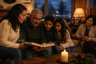 Family Reading by Candlelight on Sofa