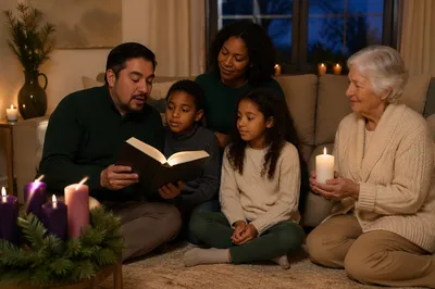Family Reading by Candlelight at Dusk