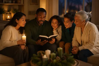 Family Reading by Candlelight in Winter