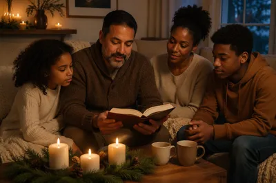 Family Reading by Candlelight on Winter Evening