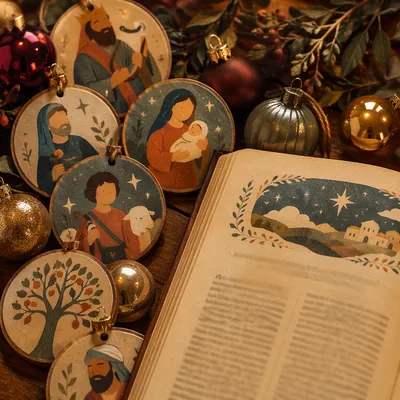 Open Devotional Book with Advent Ornaments