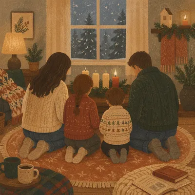 Family Kneeling in Advent Prayer at Home