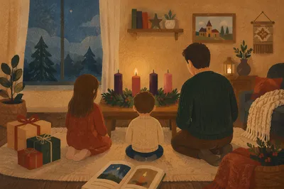 Advent Prayer Family in Cozy Living Room