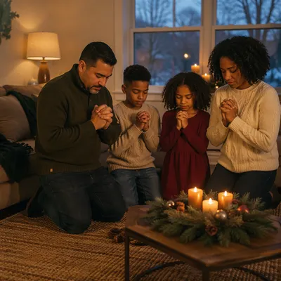 Family Praying by Candlelit Advent Wreath