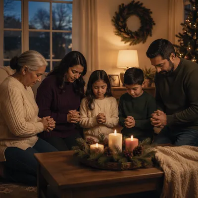 Family Kneeling in Cozy Winter Living Room