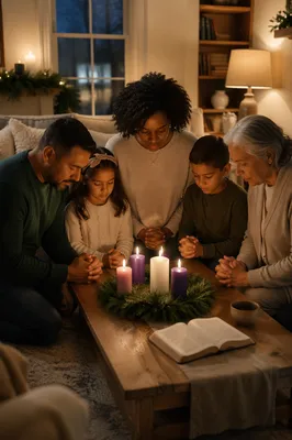 Family Kneeling by Advent Wreath Indoors