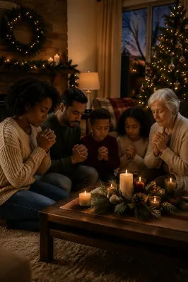 Family Kneeling in Cozy Winter Living Room