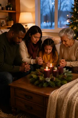 Family Praying by Advent Wreath
