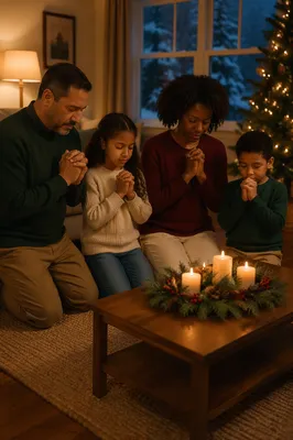 Family Praying in Cozy Living Room