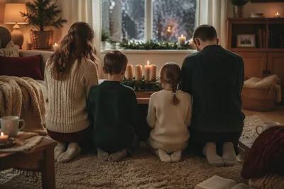 Family Kneeling in Advent Living Room Prayer