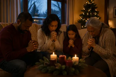 Family Kneeling in Living Room Prayer