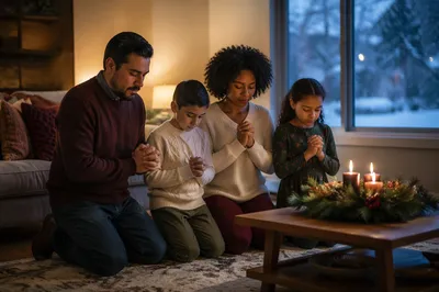 Family Praying in Cozy Winter Living Room