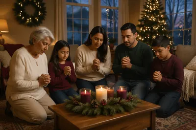 Family Kneeling in Cozy Winter Living Room
