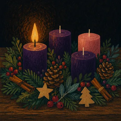 First Lit Purple Candle on Advent Wreath