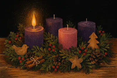 First Purple Advent Candle on Wreath