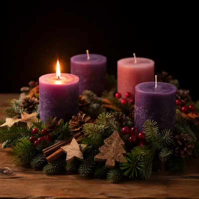 First Purple Advent Candle Glowing