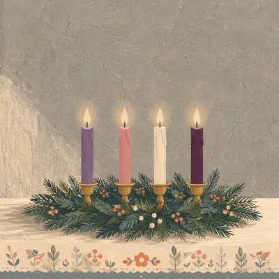 Lit Advent Wreath on Minimal Gray Background