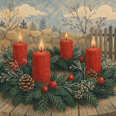 Four Lit Advent Candles in Winter Wreath