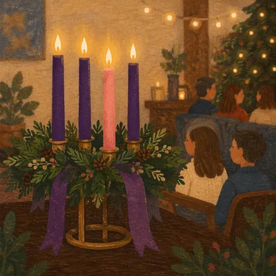 Lit Advent Wreath in Cozy Gathering Space