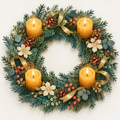 Lit Advent Wreath with Gold Candles