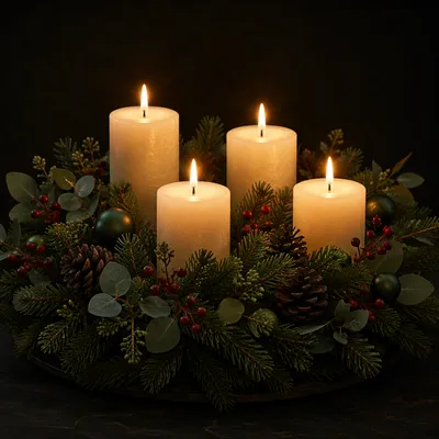 Lit Advent Wreath with Four Ivory Candles