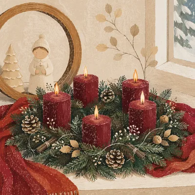 Lit Advent Wreath with Burgundy Candles