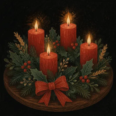 Lit Advent Wreath with Red Candles