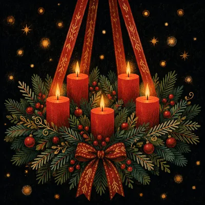 Four Lit Advent Candles on Evergreen Wreath