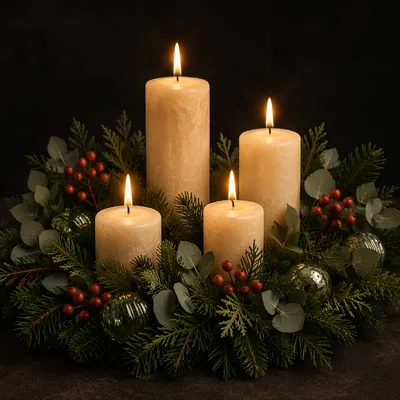 Lit Advent Wreath with Evergreen Candles
