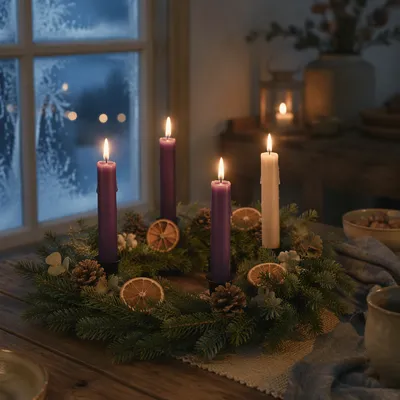 Advent Wreath with Four Lit Candles