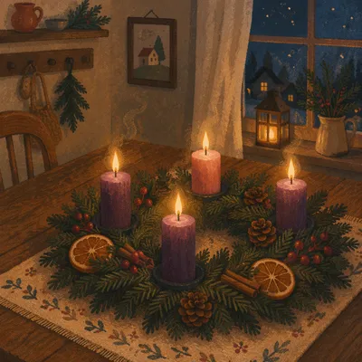 Advent Wreath with Four Lit Candles