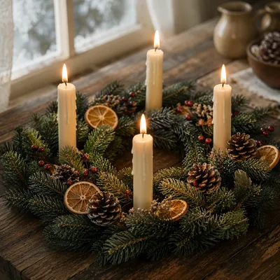 Advent Wreath with Four Lit Candles