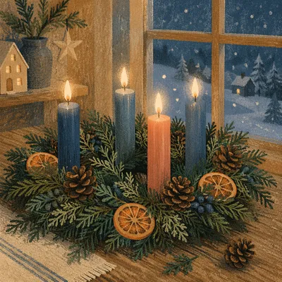 Handcrafted Advent Wreath With Four Lit Candles