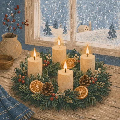 Rustic Advent Wreath With Four Lit Candles