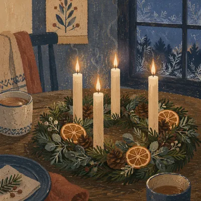 Lit Advent Wreath at Winter Dusk