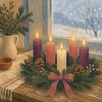 Four Lit Advent Candles by Frosted Window